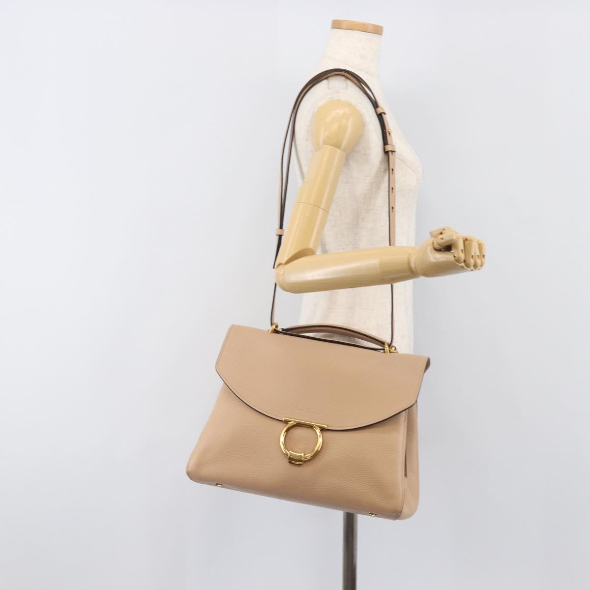 Salvatore Ferragamo Gancini Hand Bag Leather 2way Beige Gold Auth 199034A