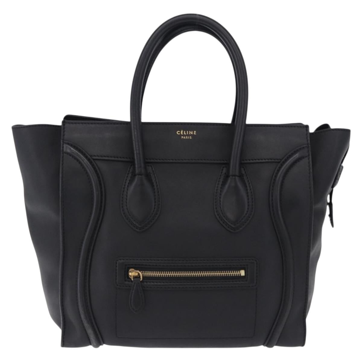 CELINE Luggage Mini Shopper Hand Bag Leather Black Gold Auth 199051A