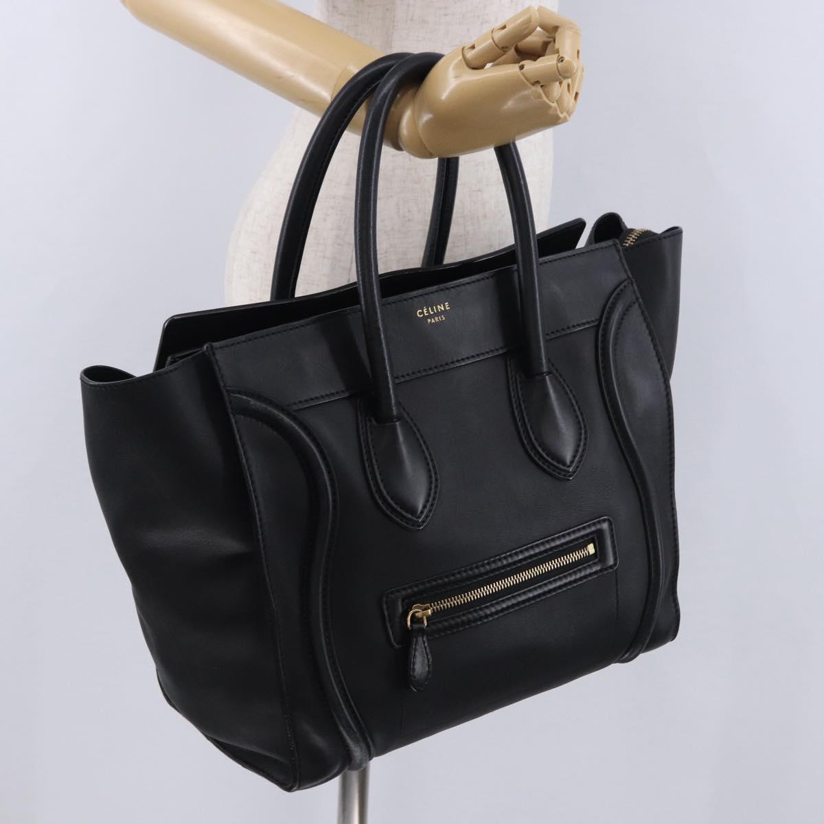 CELINE Luggage Mini Shopper Hand Bag Leather Black Gold Auth 199051A