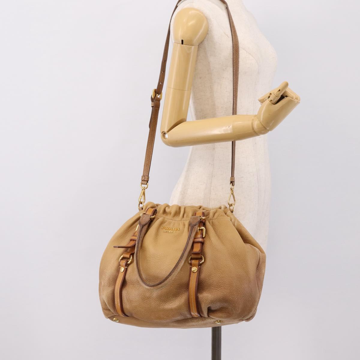 PRADA Hand Bag Leather 2way Beige Gold Auth 199056