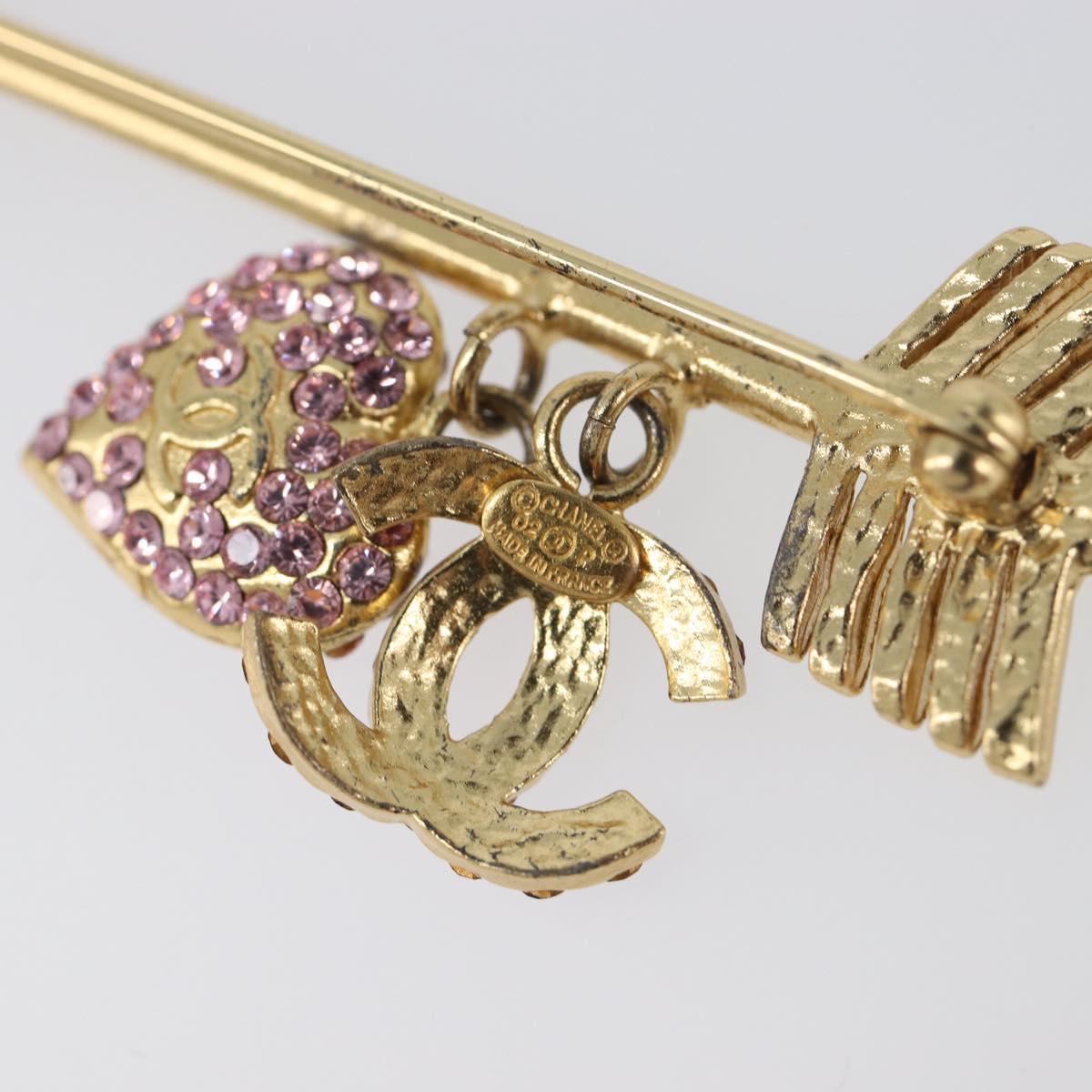 CHANEL COCO Mark Heart Brooch Metal Gold Tone Pink CC Auth 199074M