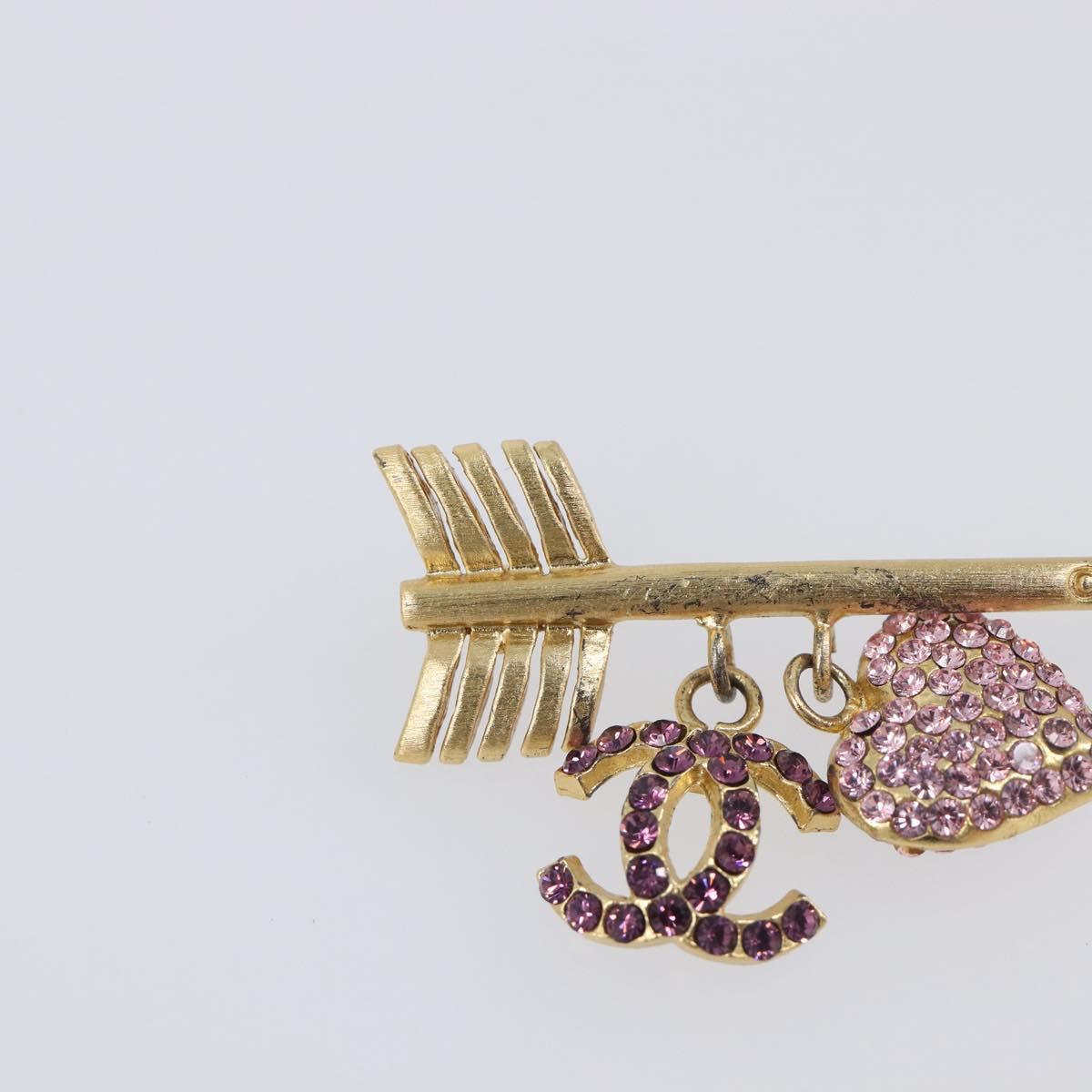 CHANEL COCO Mark Heart Brooch Metal Gold Tone Pink CC Auth 199074M