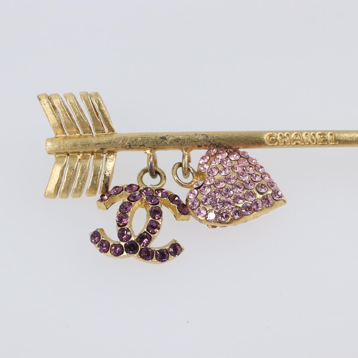 CHANEL COCO Mark Heart Brooch Metal Gold Tone Pink CC Auth 199074M