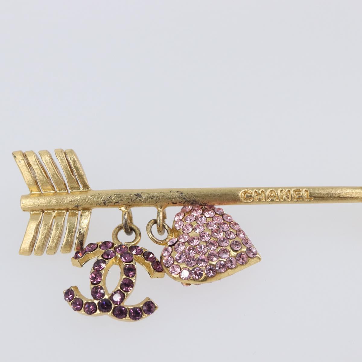CHANEL COCO Mark Heart Brooch Metal Gold Tone Pink CC Auth 199074M