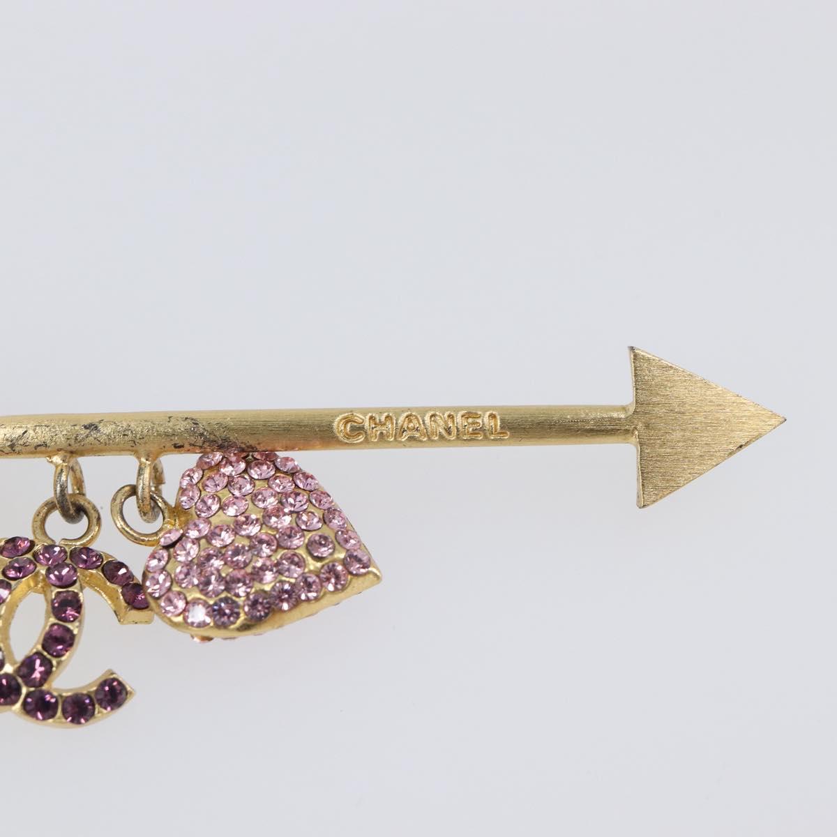 CHANEL COCO Mark Heart Brooch Metal Gold Tone Pink CC Auth 199074M