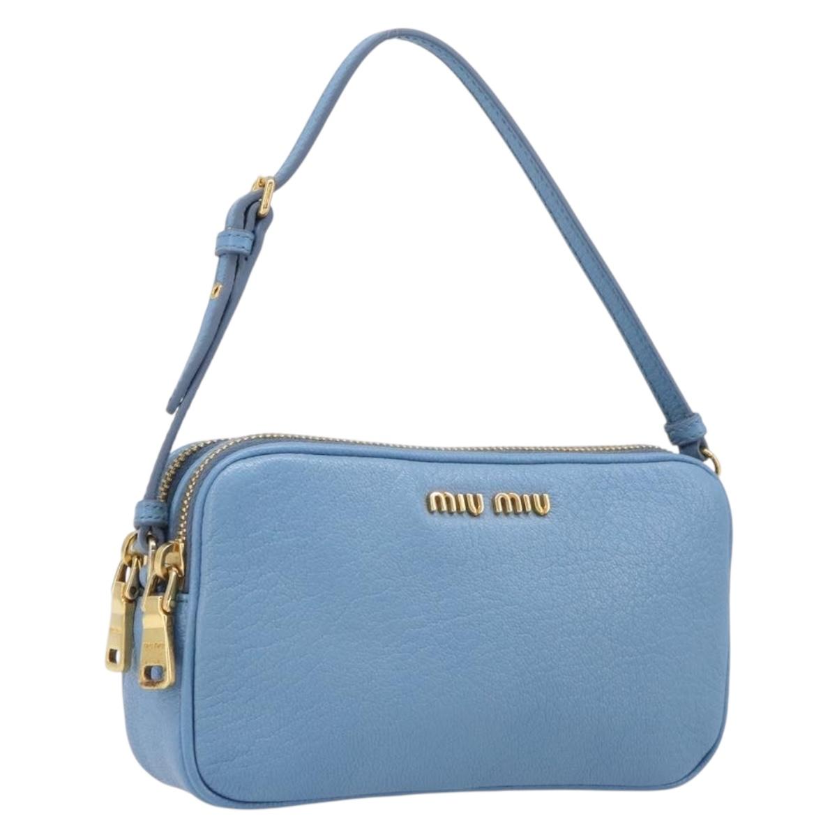 Miu Miu Hand Pouch Leather Light Blue Gold Auth 199107V