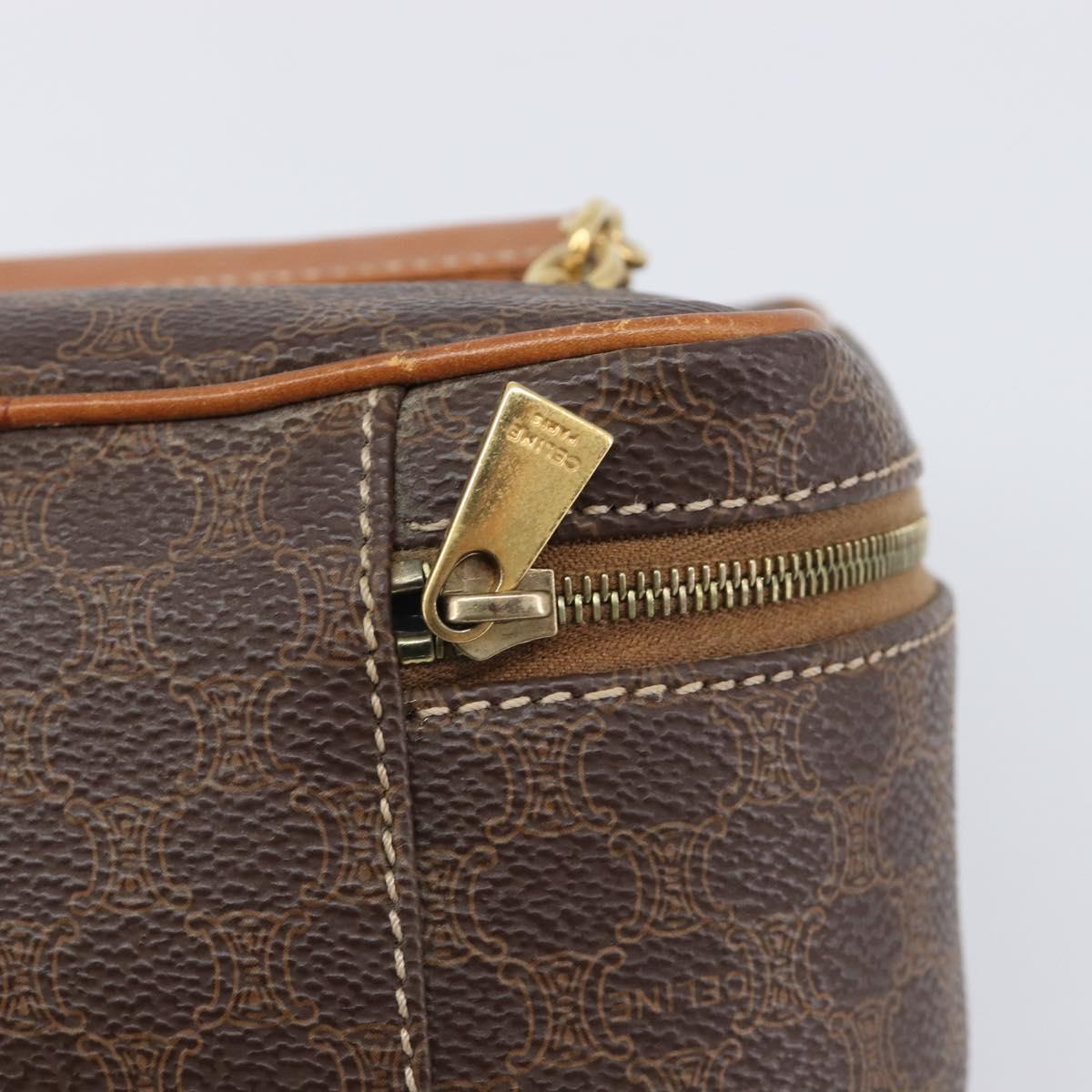 CELINE Macadam Canvas Chain Hand Vanity Bag PVC Leather Brown Gold Auth 199112A