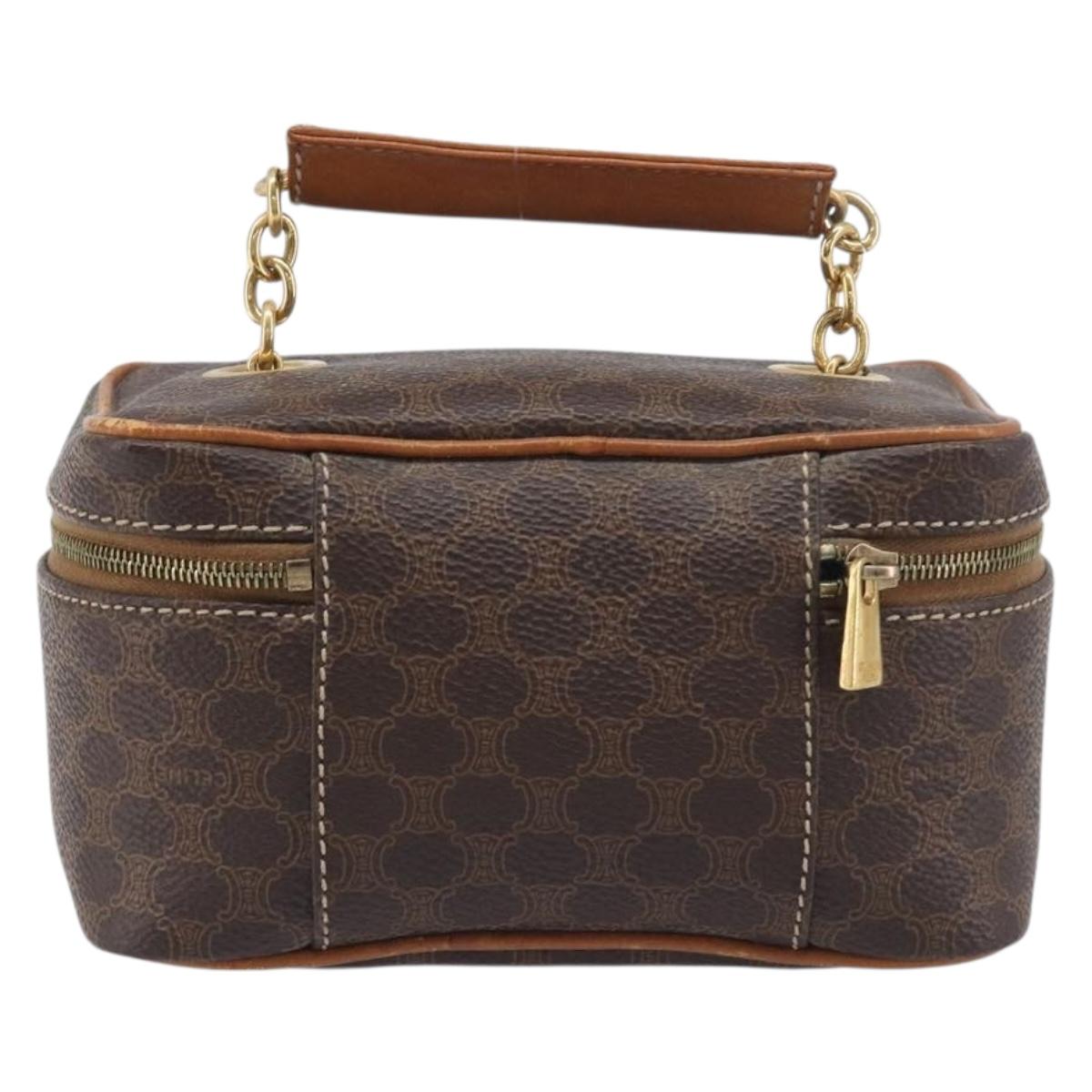 CELINE Macadam Canvas Chain Hand Vanity Bag PVC Leather Brown Gold Auth 199112A