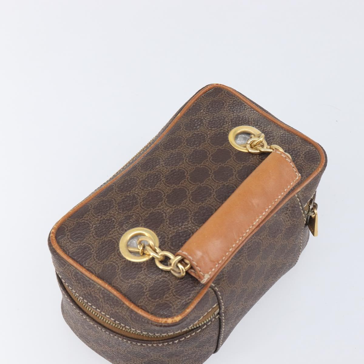 CELINE Macadam Canvas Chain Hand Vanity Bag PVC Leather Brown Gold Auth 199112A