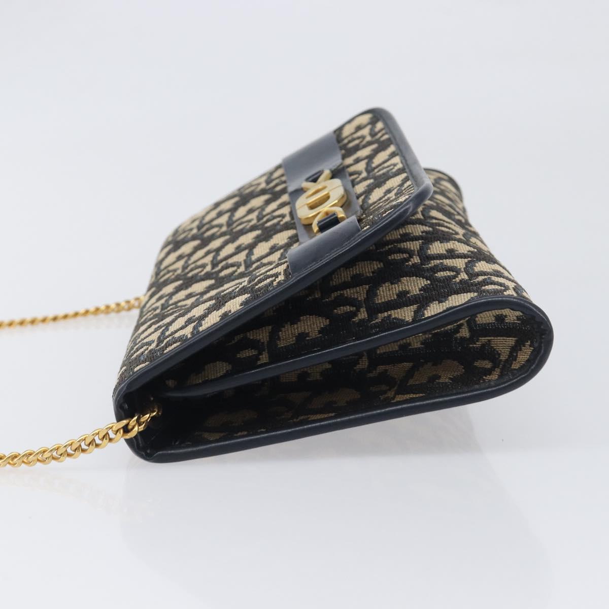 Christian Dior Trotter Canvas Chain Shoulder Bag Navy Gold Auth 199115