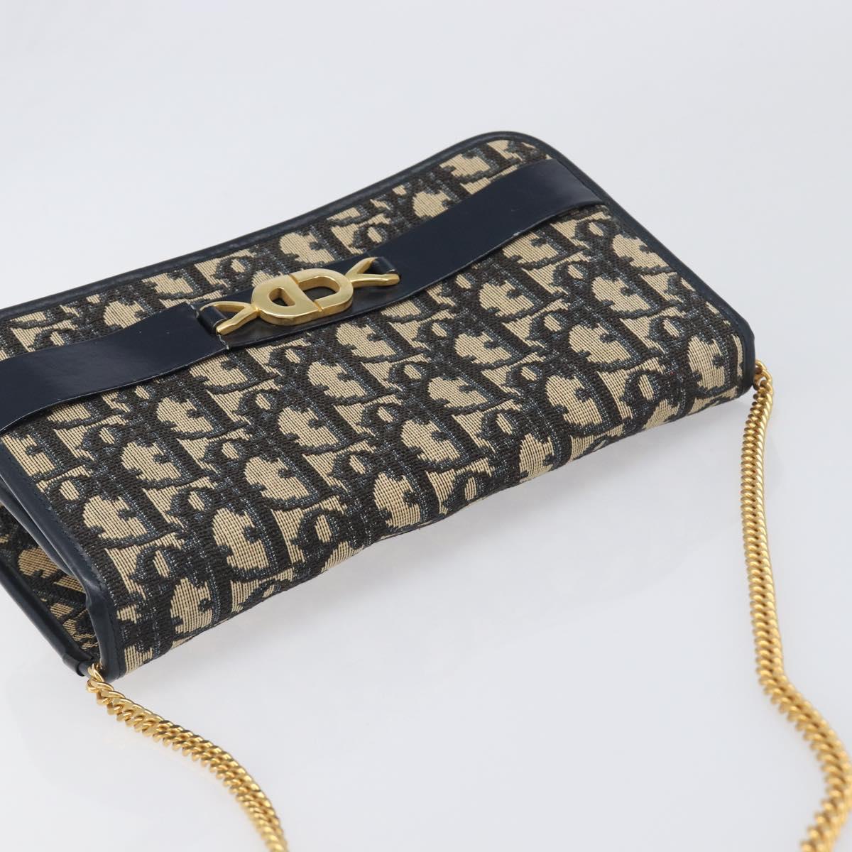 Christian Dior Trotter Canvas Chain Shoulder Bag Navy Gold Auth 199115