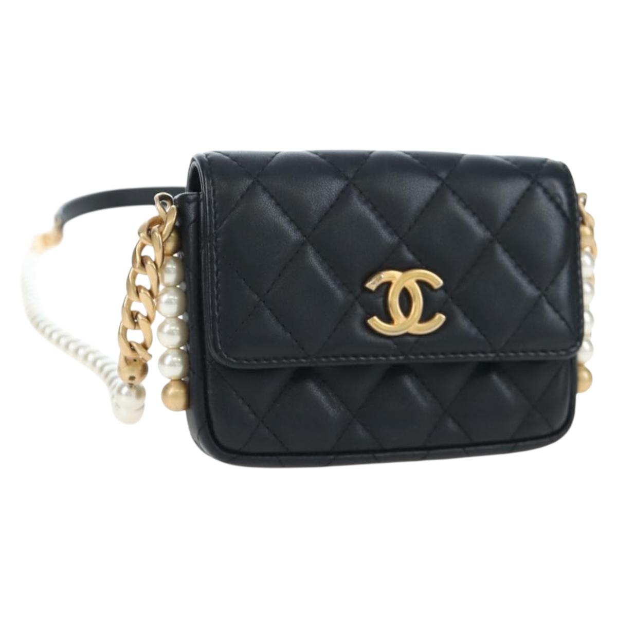 CHANEL Matelasse Pearl Chain Shoulder Bag Lamb Skin Black Gold CC Auth 199117M