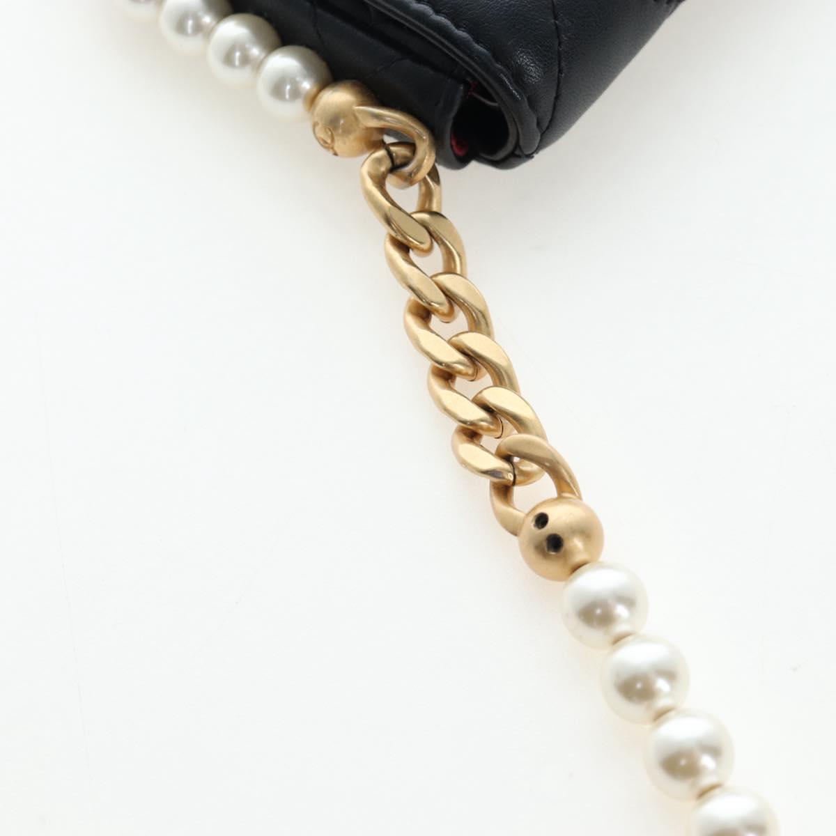 CHANEL Matelasse Pearl Chain Shoulder Bag Lamb Skin Black Gold CC Auth 199117M