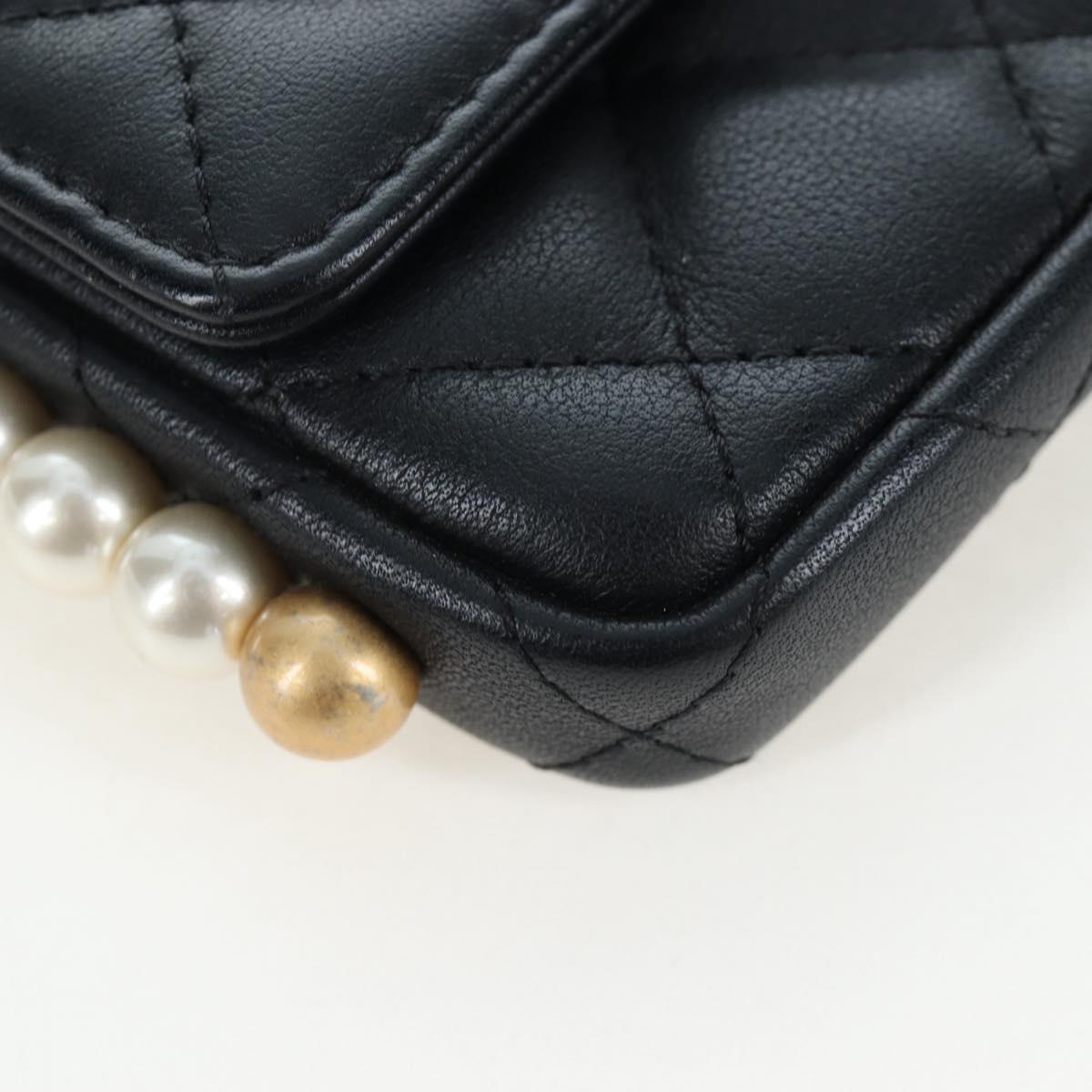 CHANEL Matelasse Pearl Chain Shoulder Bag Lamb Skin Black Gold CC Auth 199117M