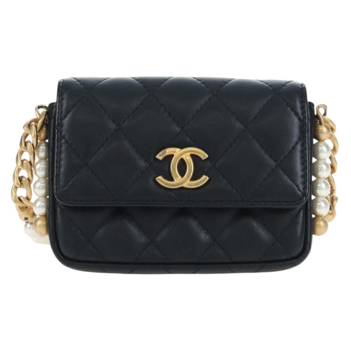 CHANEL Matelasse Pearl Chain Shoulder Bag Lamb Skin Black Gold CC Auth 199117M