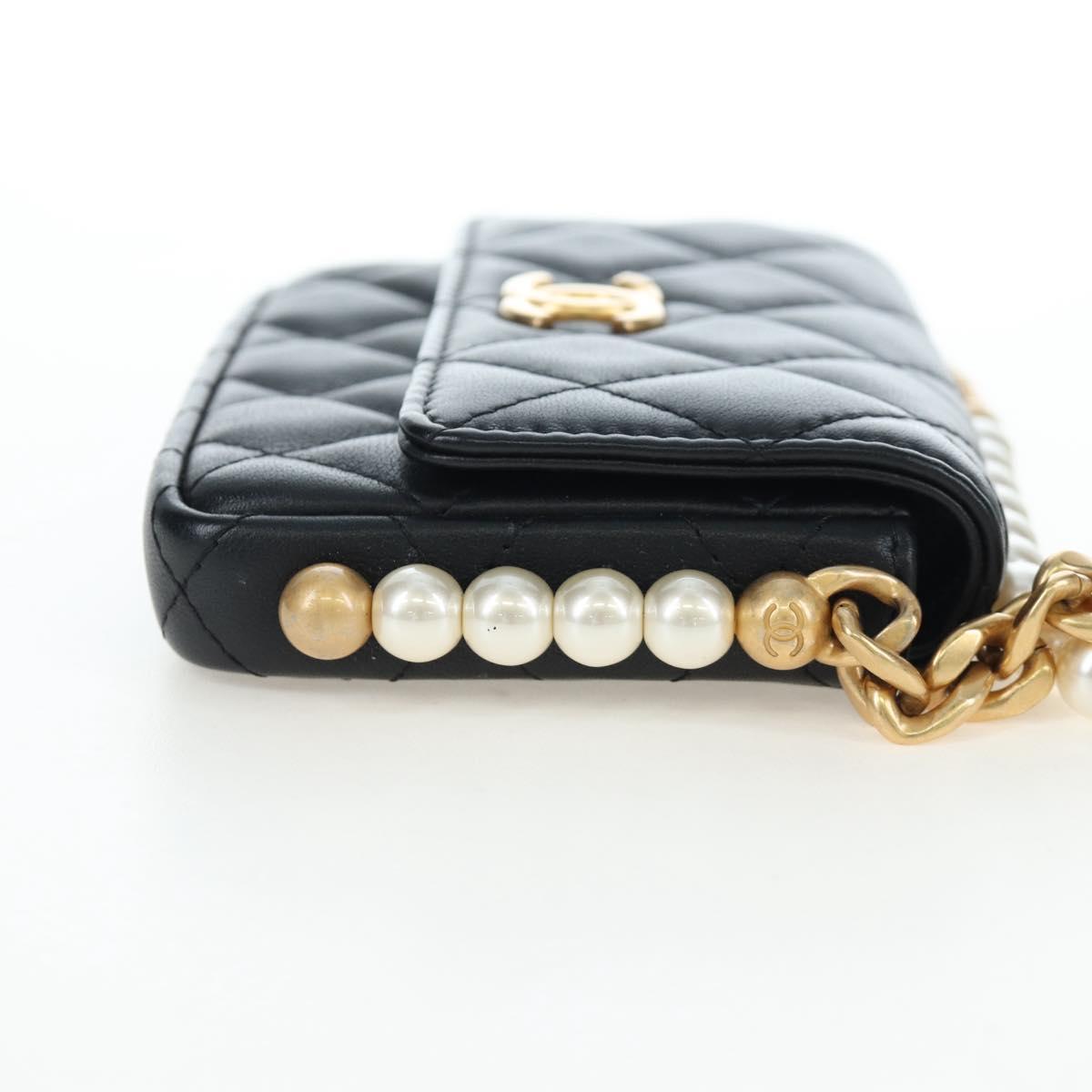 CHANEL Matelasse Pearl Chain Shoulder Bag Lamb Skin Black Gold CC Auth 199117M