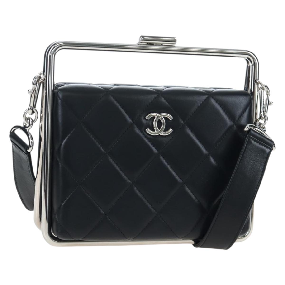 CHANEL Matelasse Hand Bag Lamb Skin 2way Black Silver CC Auth 199135SM