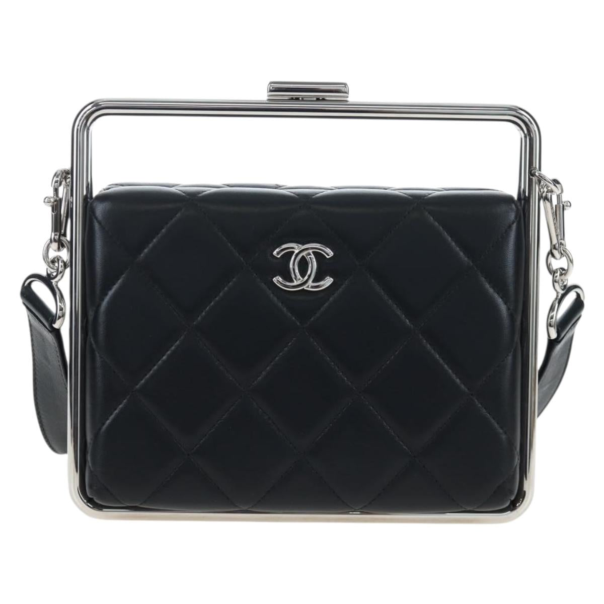 CHANEL Matelasse Hand Bag Lamb Skin 2way Black Silver CC Auth 199135SM
