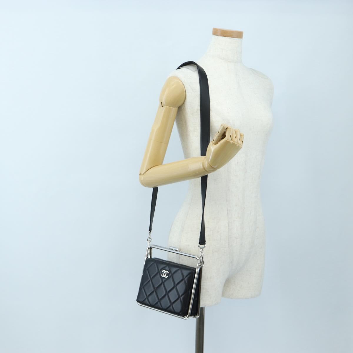 CHANEL Matelasse Hand Bag Lamb Skin 2way Black Silver CC Auth 199135SM