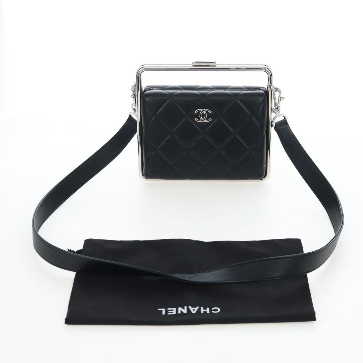CHANEL Matelasse Hand Bag Lamb Skin 2way Black Silver CC Auth 199135SM