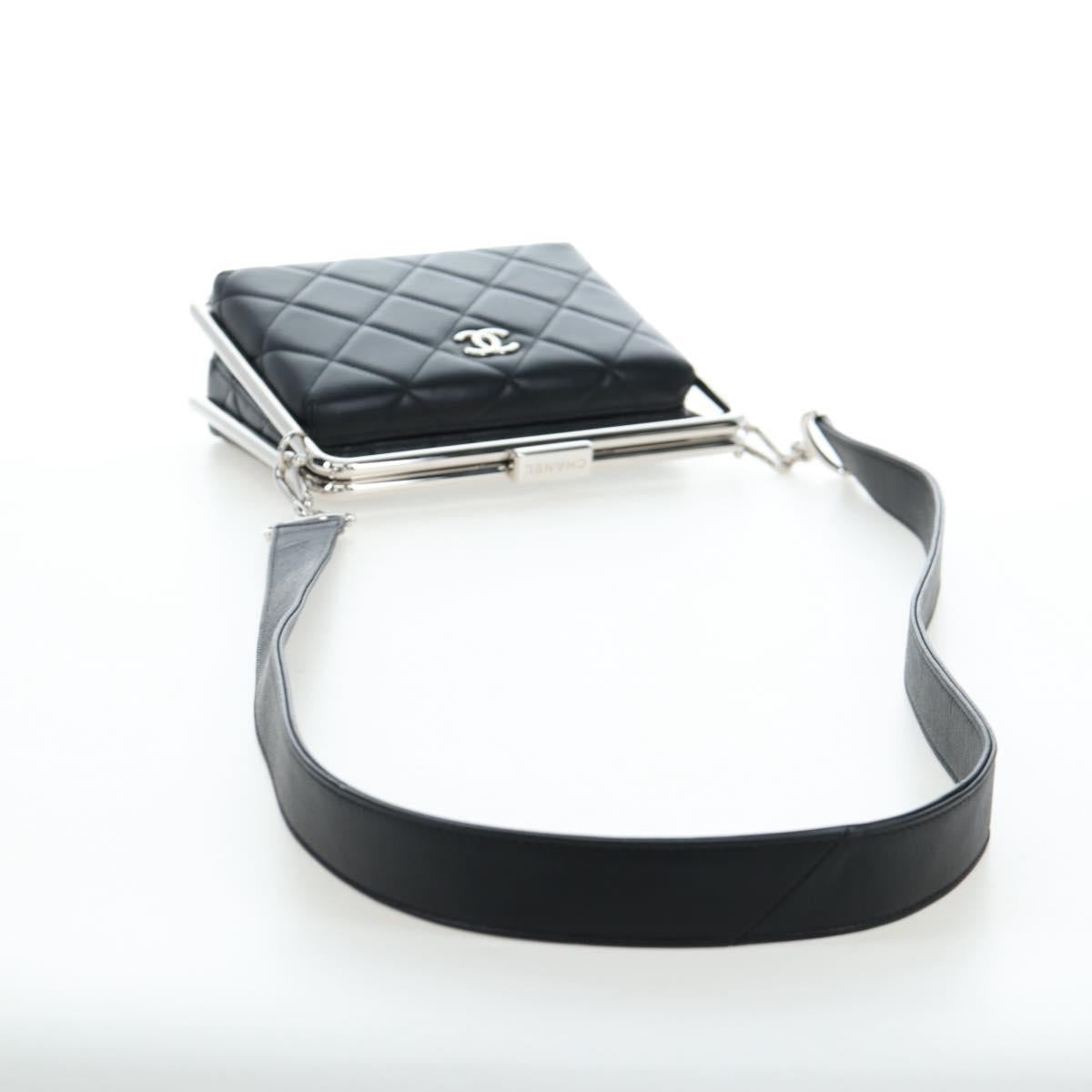 CHANEL Matelasse Hand Bag Lamb Skin 2way Black Silver CC Auth 199135SM