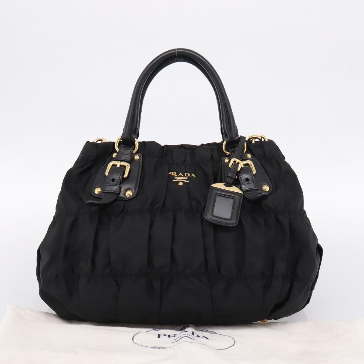 PRADA Gathered Hand Bag Nylon 2way Black Gold Auth 199147V