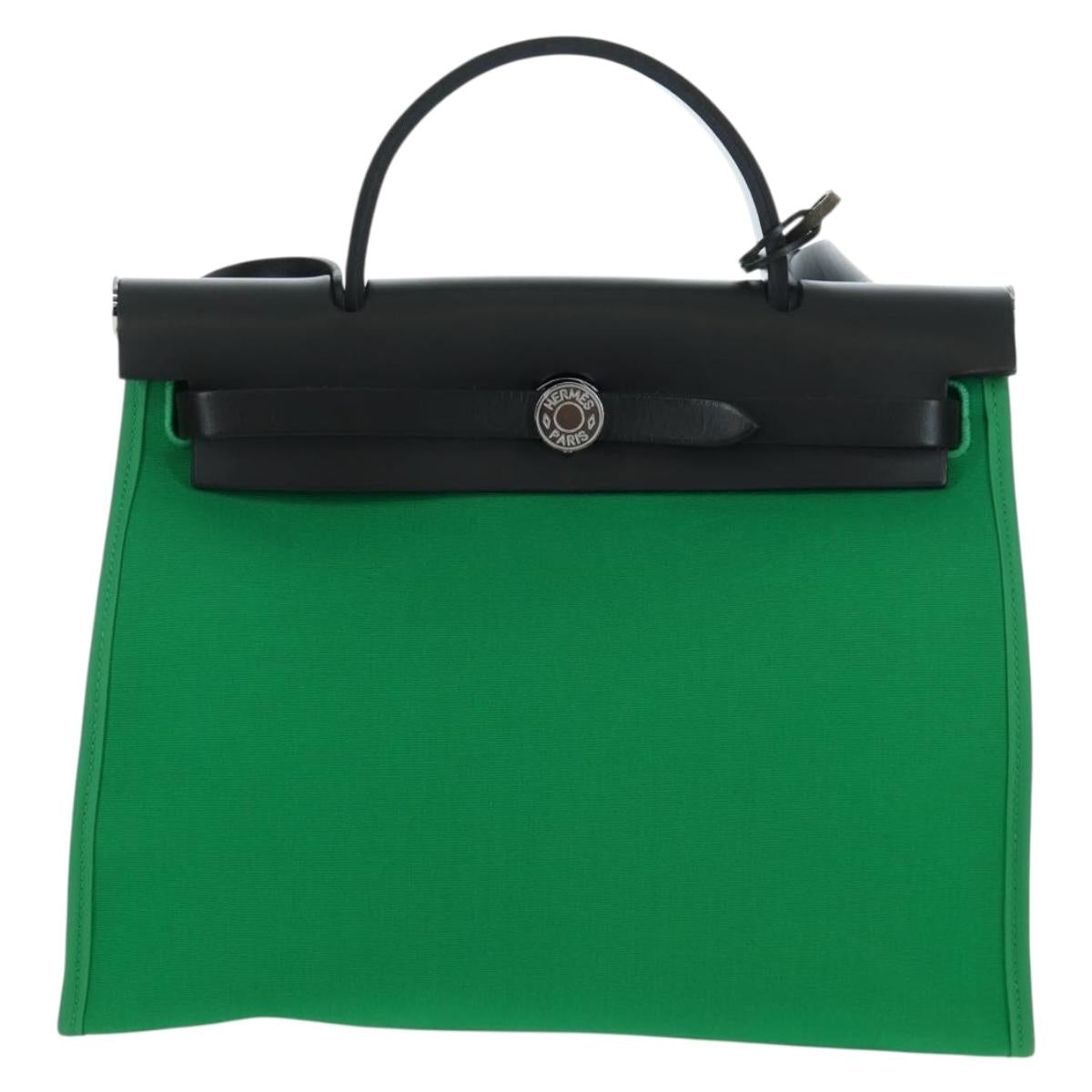 HERMES Air Zip PM Hand Bag Canvas 2way Green Silver Auth 199157SM