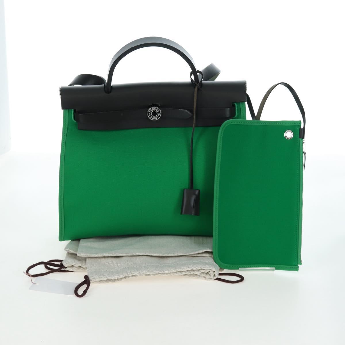 HERMES Air Zip PM Hand Bag Canvas 2way Green Silver Auth 199157SM