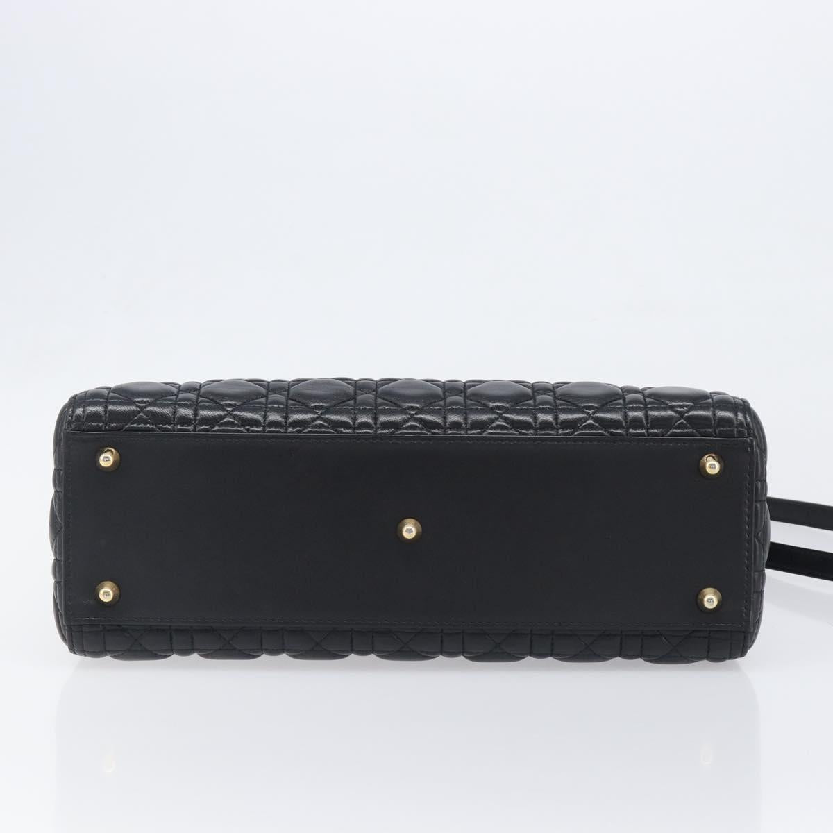 Christian Dior Lady Dior Canage Hand Bag Lamb Skin 2way Black Gold Auth 199180M