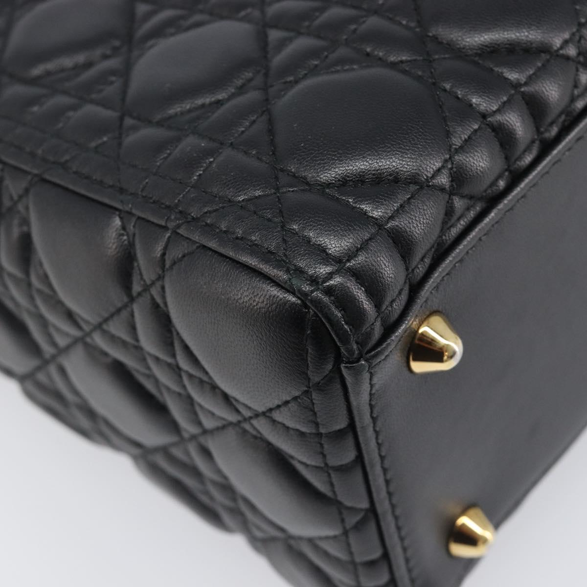 Christian Dior Lady Dior Canage Hand Bag Lamb Skin 2way Black Gold Auth 199180M