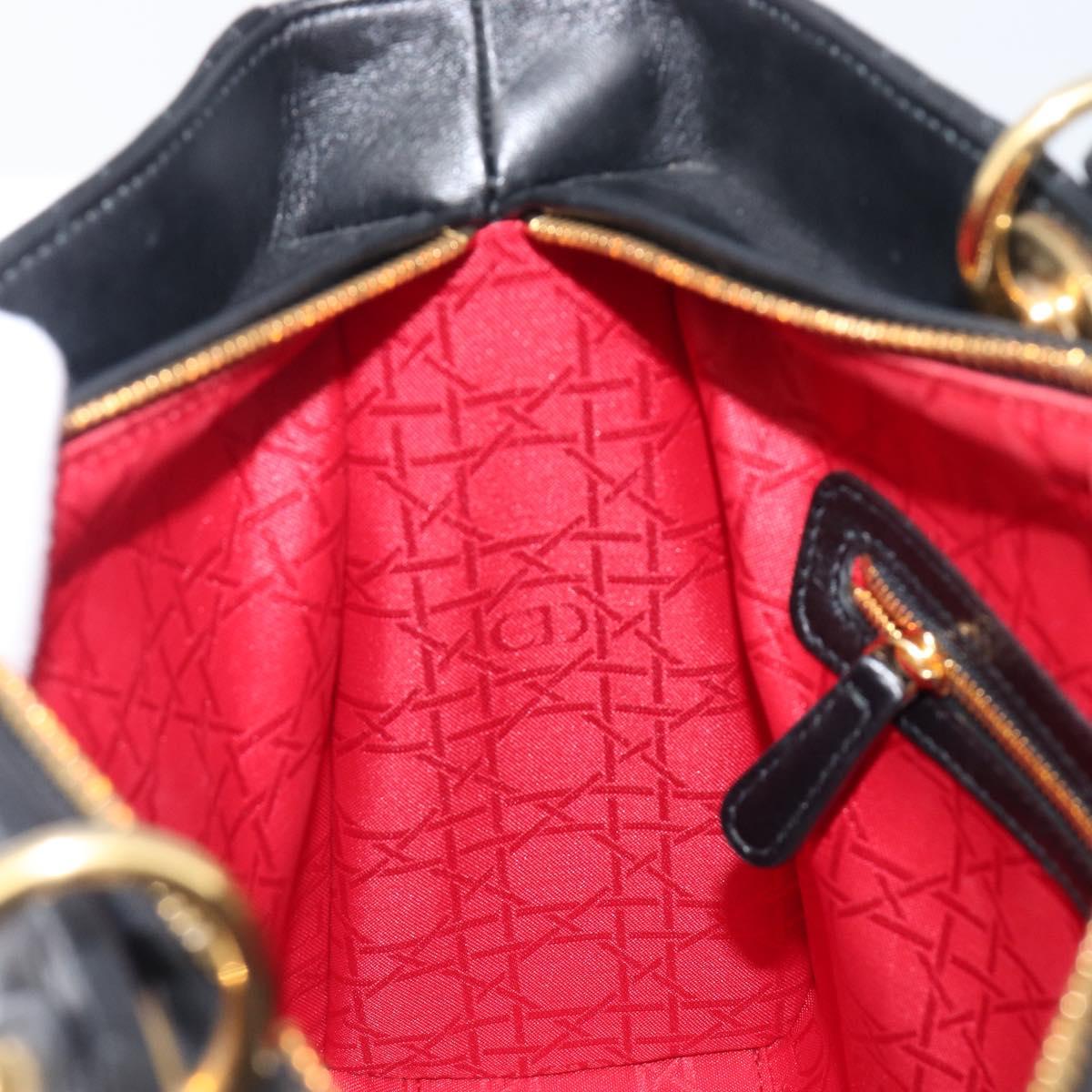 Christian Dior Lady Dior Canage Hand Bag Lamb Skin 2way Black Gold Auth 199180M