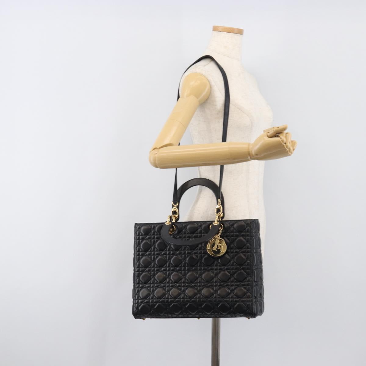 Christian Dior Lady Dior Canage Hand Bag Lamb Skin 2way Black Gold Auth 199180M