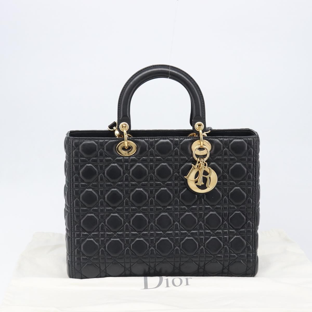 Christian Dior Lady Dior Canage Hand Bag Lamb Skin 2way Black Gold Auth 199180M