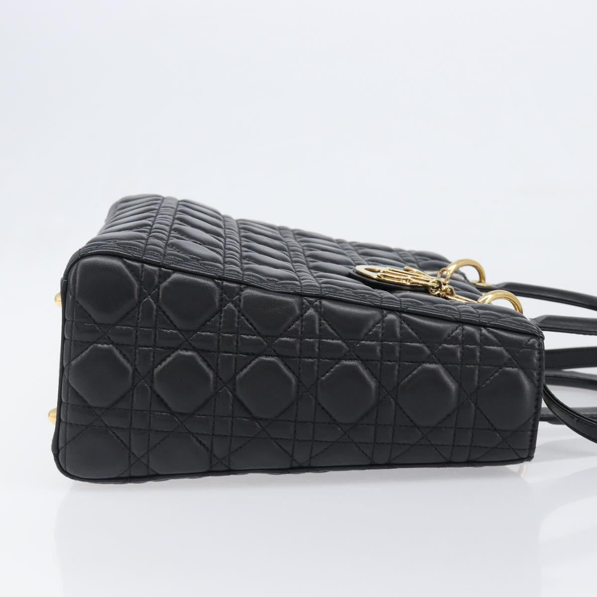 Christian Dior Lady Dior Canage Hand Bag Lamb Skin 2way Black Gold Auth 199180M