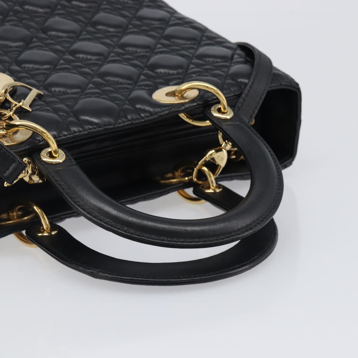 Christian Dior Lady Dior Canage Hand Bag Lamb Skin 2way Black Gold Auth 199180M