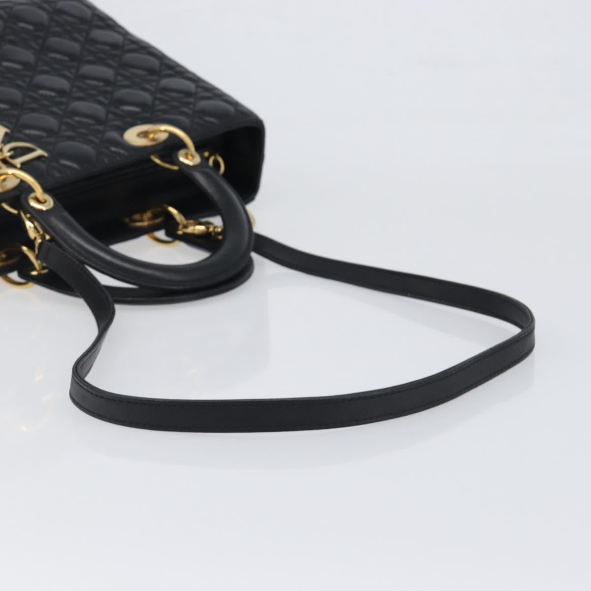 Christian Dior Lady Dior Canage Hand Bag Lamb Skin 2way Black Gold Auth 199180M