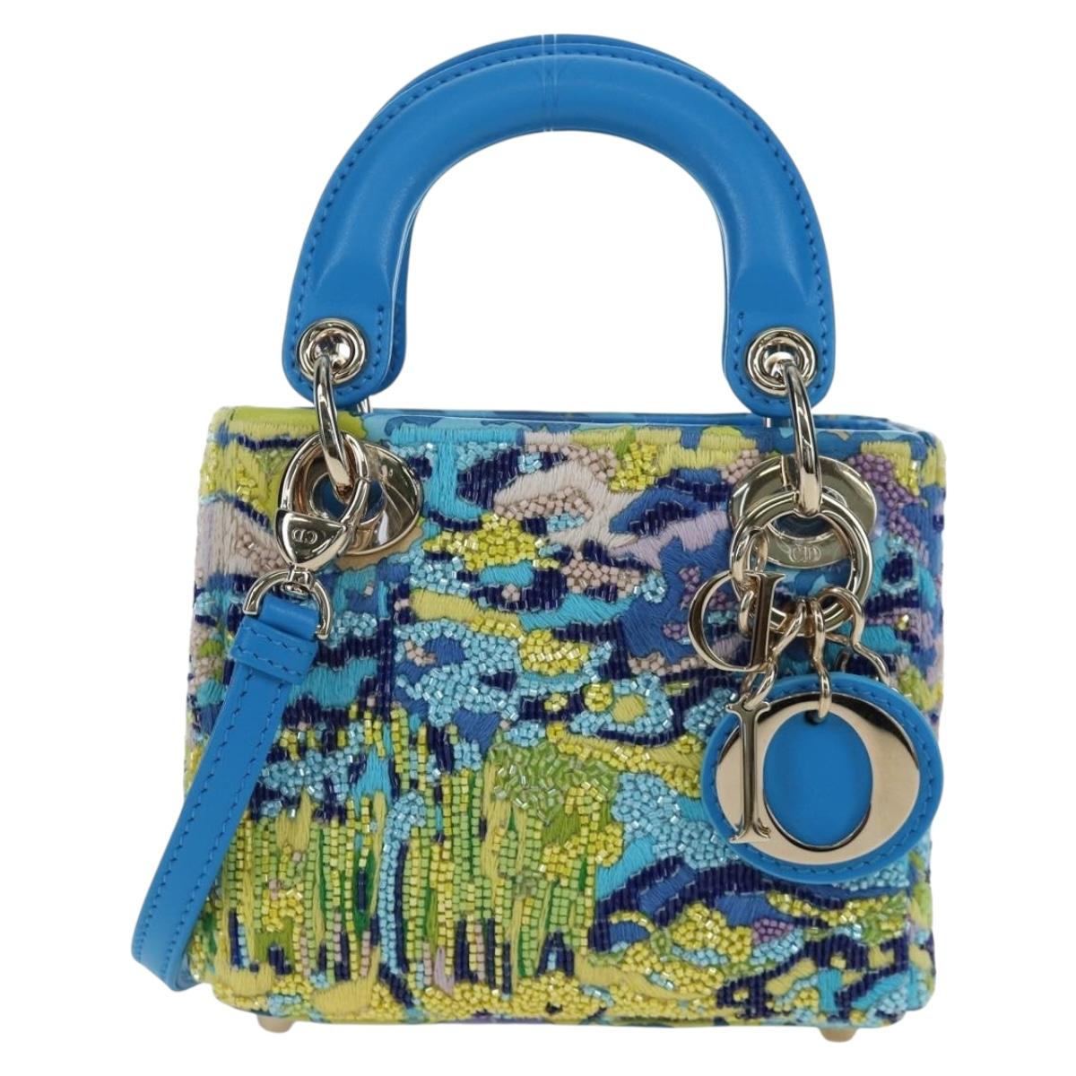 Christian Dior Lady Dior Hand Bag Beads 2way Blue Gold Tone Auth 199182SM