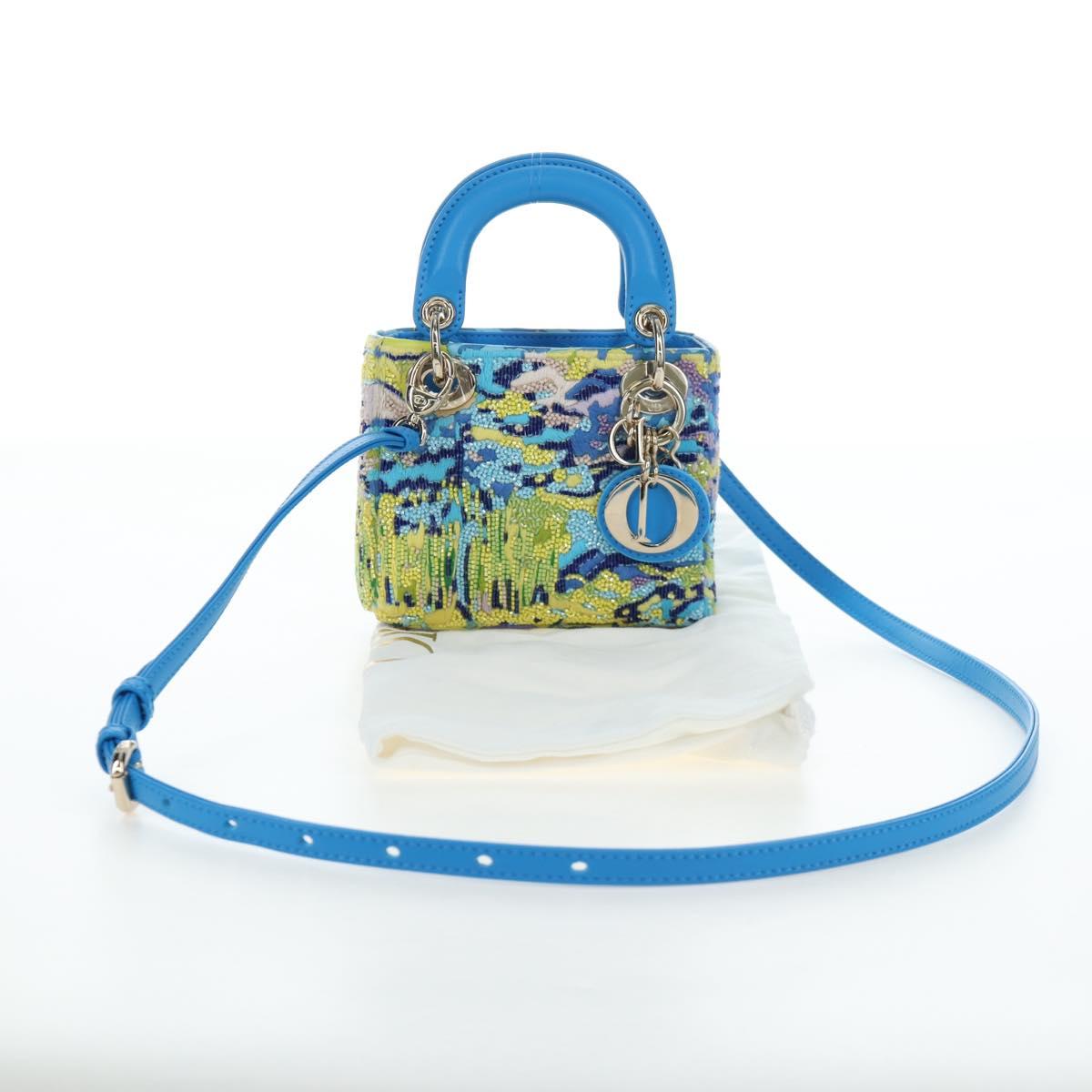 Christian Dior Lady Dior Hand Bag Beads 2way Blue Gold Tone Auth 199182SM
