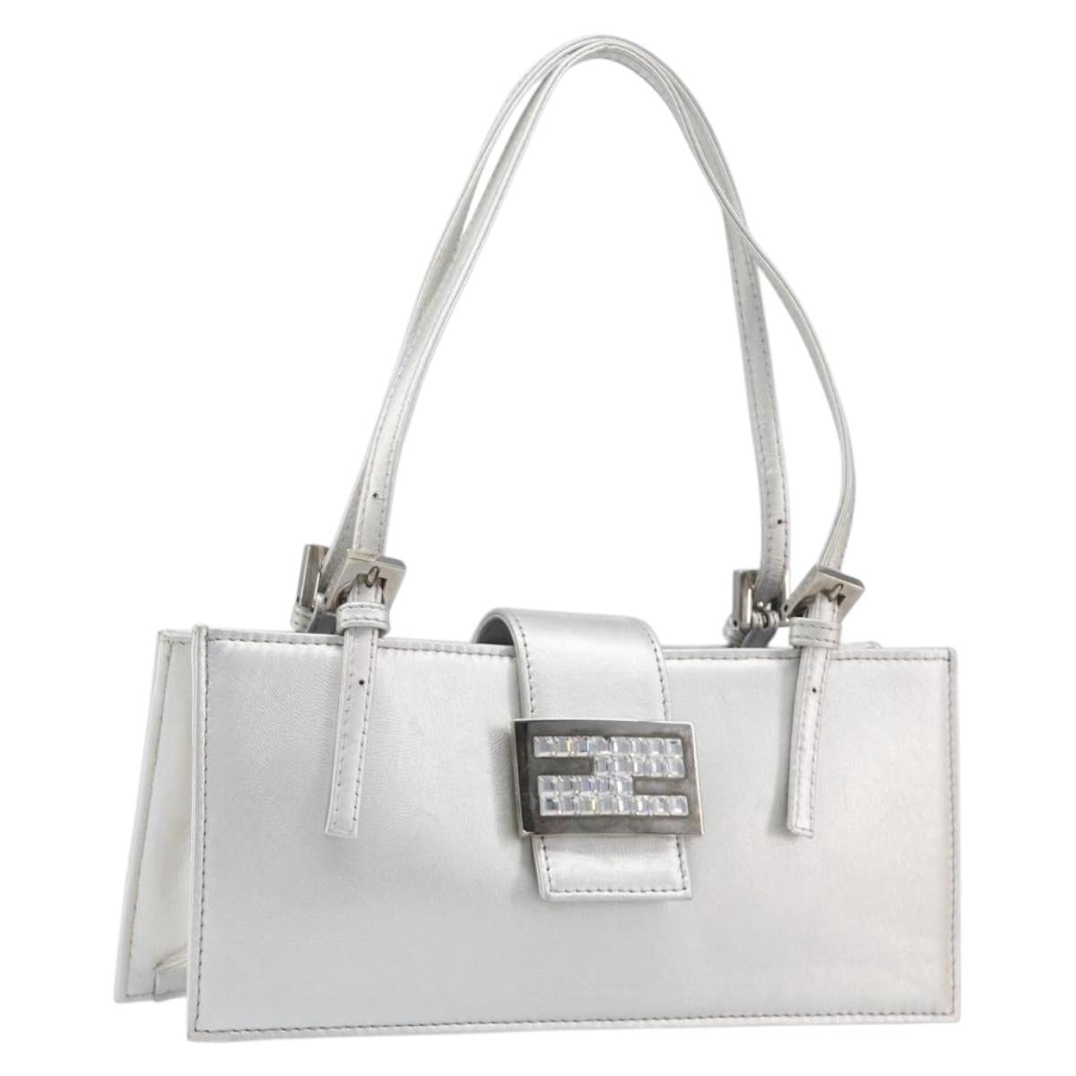 FENDI Mamma Baguette Hand Bag Leather Silver Auth 199212SAV