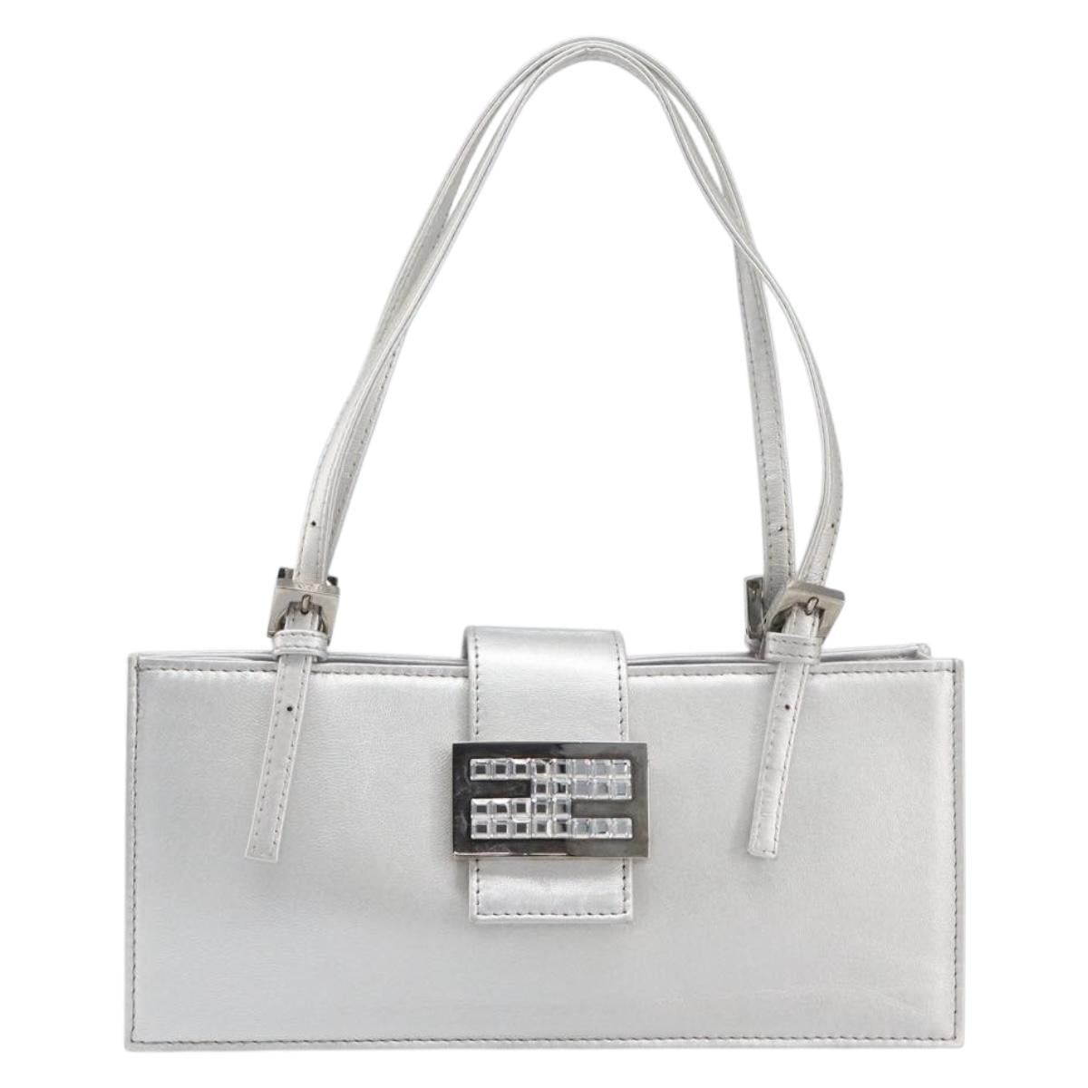 FENDI Mamma Baguette Hand Bag Leather Silver Auth 199212SAV
