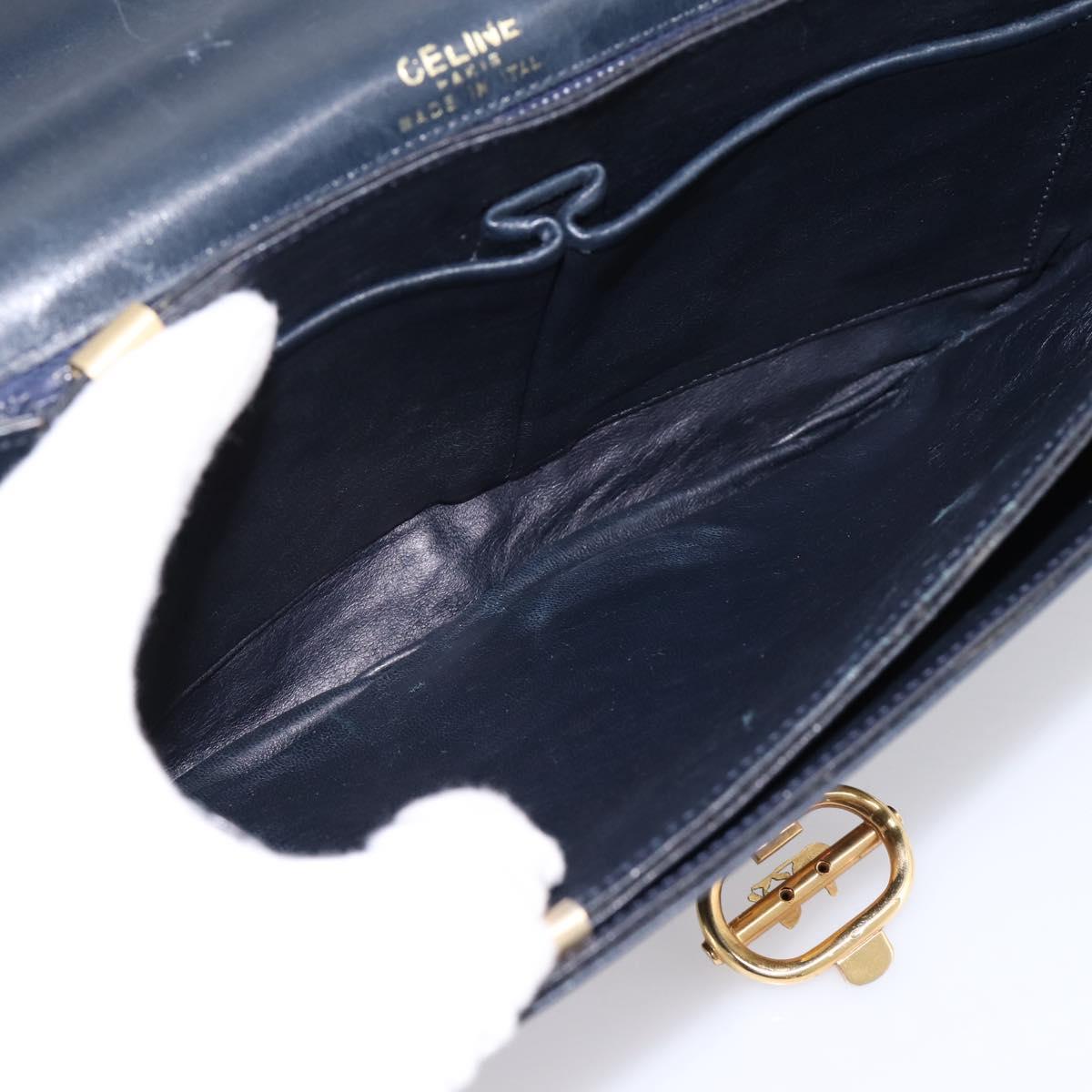 CELINE Horse Carriage Shoulder Bag Leather Navy Gold Auth 199215
