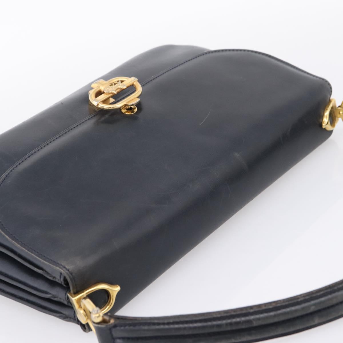 CELINE Horse Carriage Shoulder Bag Leather Navy Gold Auth 199215