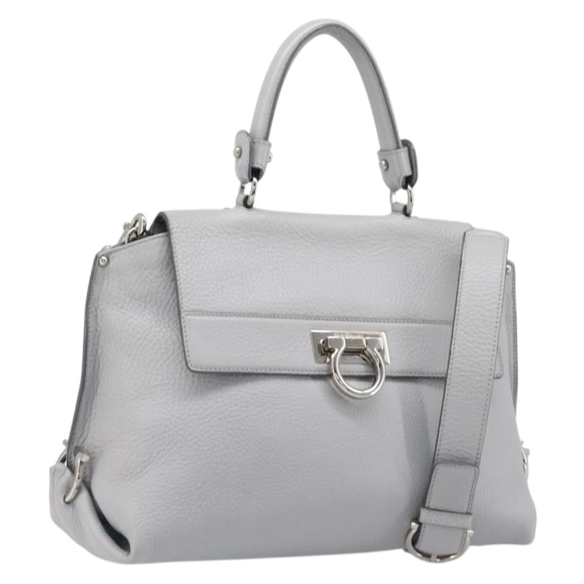 Salvatore Ferragamo Sofia Gancini Hand Bag Leather 2way Gray Silver Auth 199218V