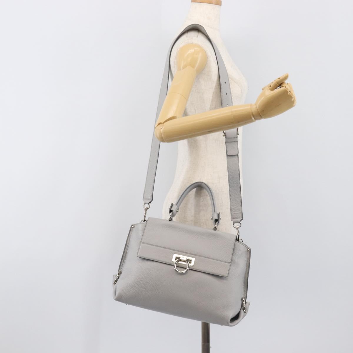 Salvatore Ferragamo Sofia Gancini Hand Bag Leather 2way Gray Silver Auth 199218V