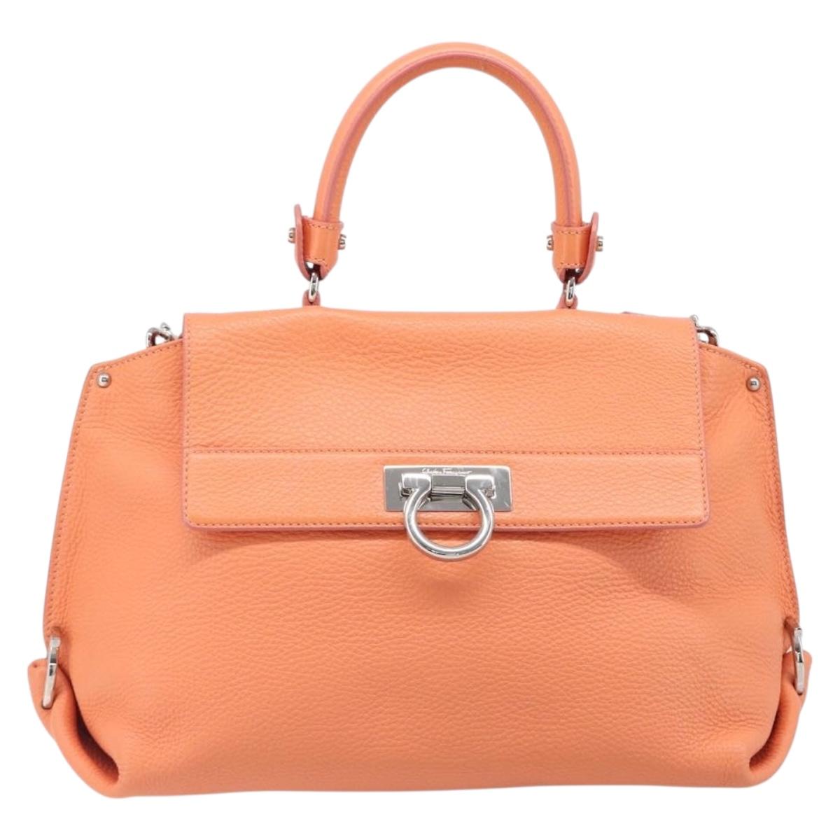 Salvatore Ferragamo Sofia Gancini Bag Leather 2way Orange Silver Auth 199221V