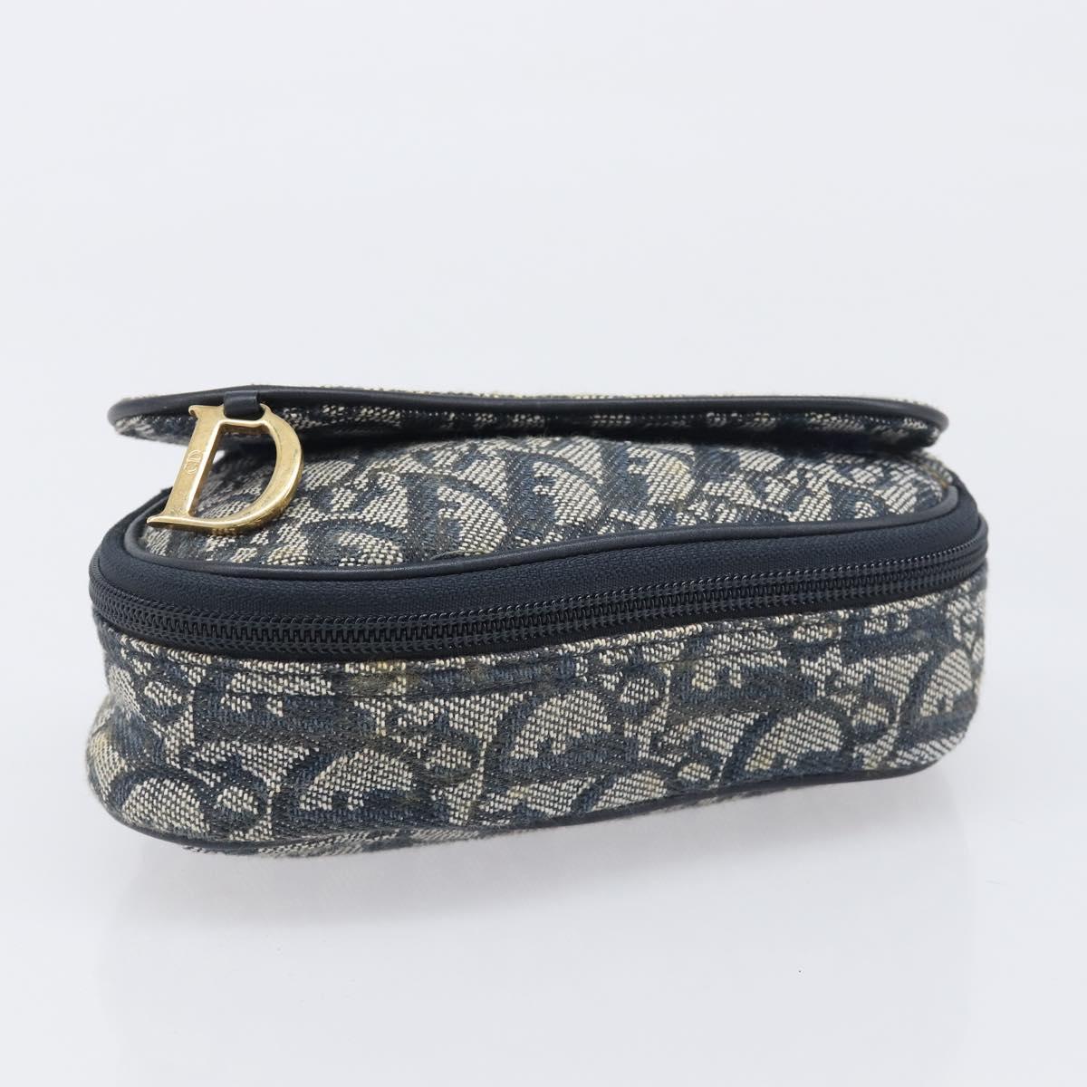 Christian Dior Trotter Canvas Saddle Pouch Navy Gold Auth 199228