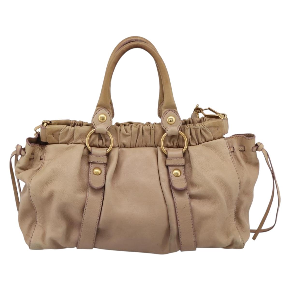 Miu Miu Hand Bag Leather 2way Beige Gold Tone Auth 199333A