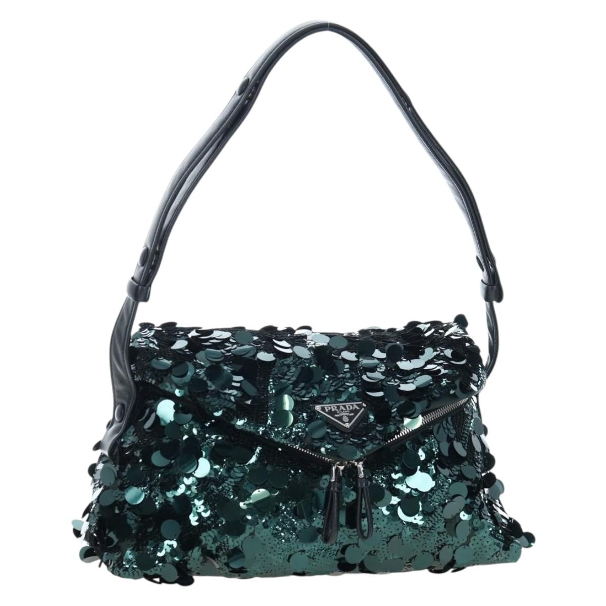 PRADA Shoulder Bag Sequin Green Silver Auth 199336SM