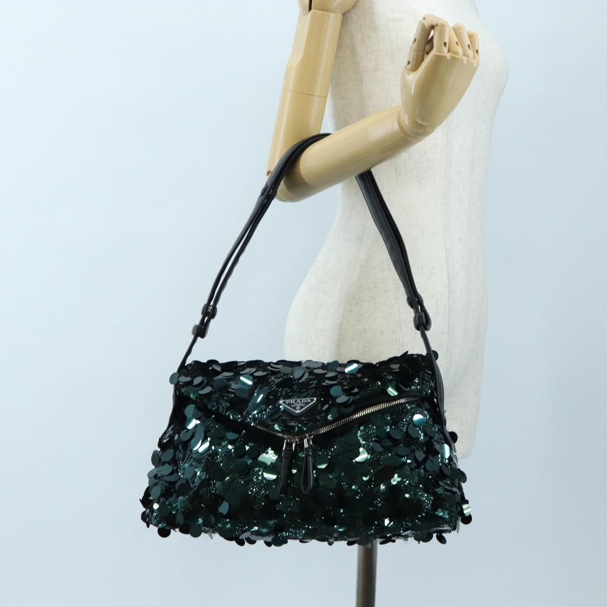 PRADA Shoulder Bag Sequin Green Silver Auth 199336SM