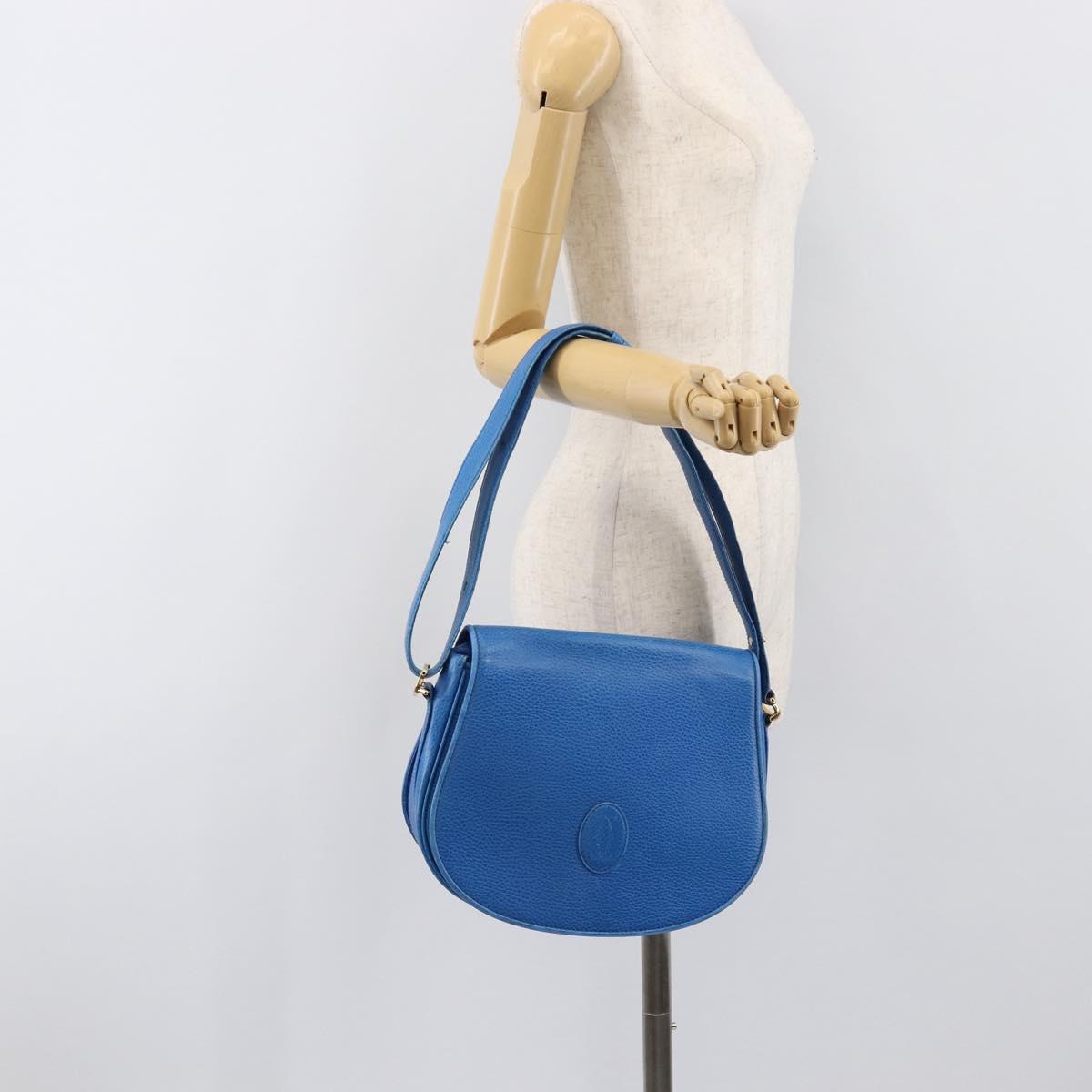 CARTIER Must Line Shoulder Bag Leather Blue Gold Tone Auth 199340